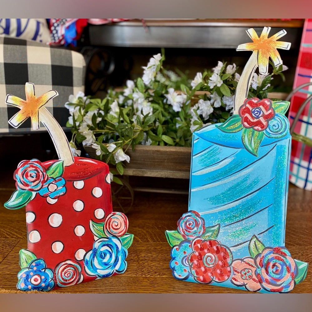 Patriotic Plaid and Star Set of 2 Garden Decor Polka Dot and Stripe